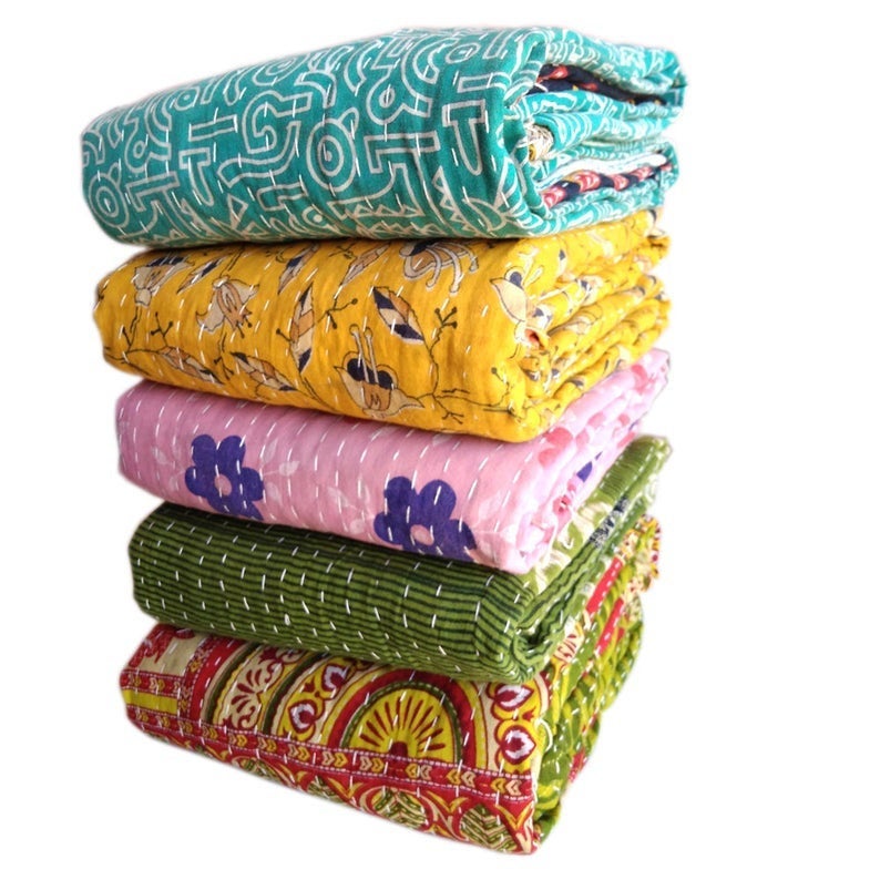 Quilting Bedcover Cotton Fabric Bohemian Quilt Exclusive Vintage Kantha Handmade Reversible Blanket Throw Kantha Quilt