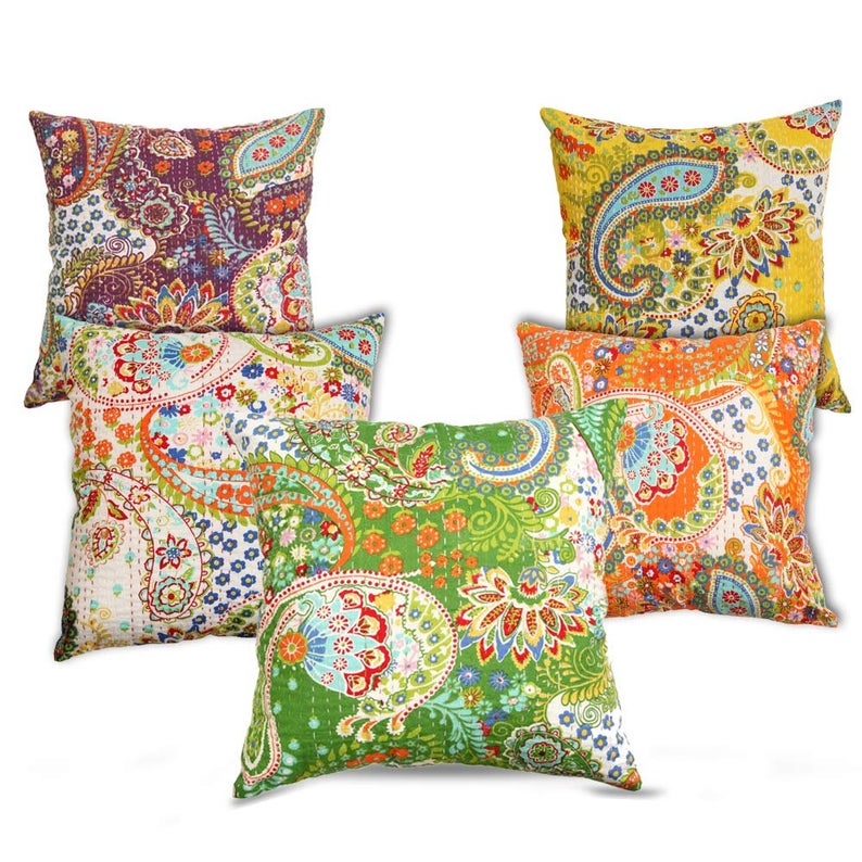 Cotton Indian Paisley Kantha Handmade Pillow Sofa Throw Cushion-Cover-Decor 