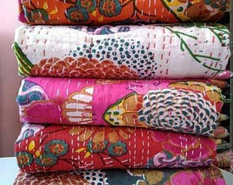 Indian Handmade Bird Print Kantha Bedspread Throw Cotton Blanket Quilt Vintage
