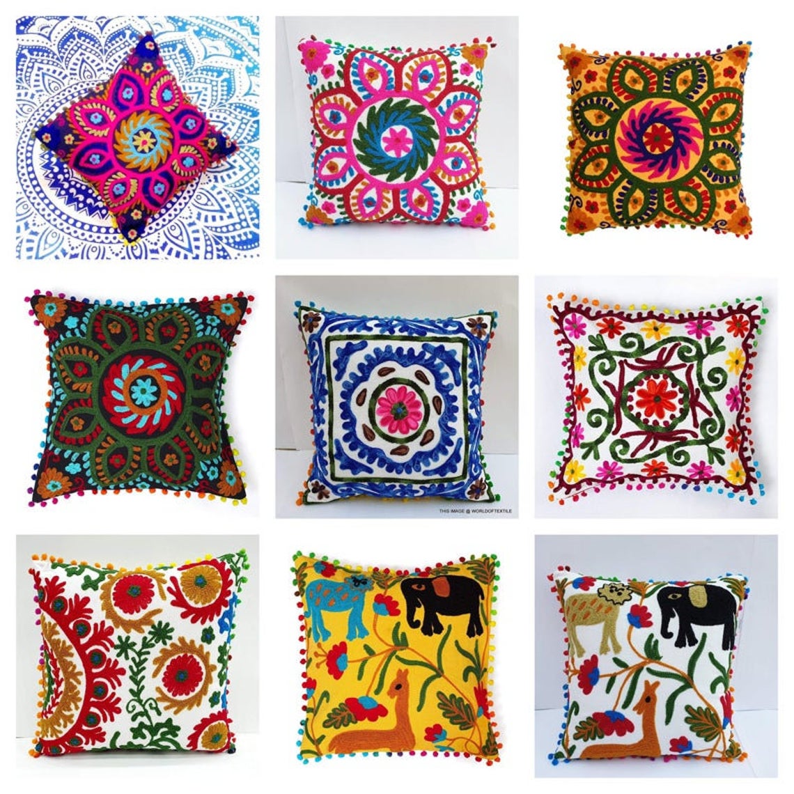 Indian Embroidered Suzani Pillow Cover Decorative Boho Throw Cotton Pillow Cases 