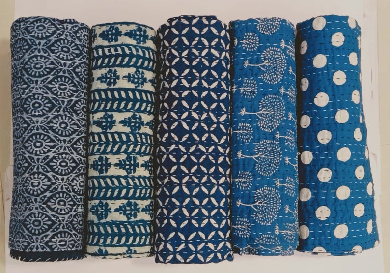 Indian Handmade Block Print Indigo Blue Cotton Kantha Quilt Throw Blanket Gudari