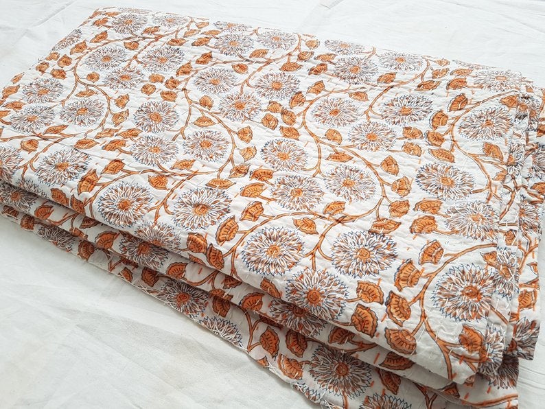 Handmade Block Print Kantha Embroidery Single Blanket Throw Indian Bedspread