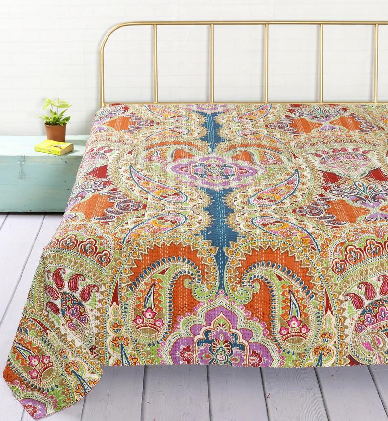 Kantha Quilt Indian Handmade Cotton Bedding Blanket Pink Paisley Boho Bedspread