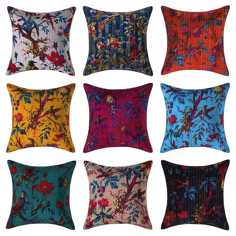 Colorful Printed Kantha Throw Couch Sofa Pillow Cushion Cover Case Boho Chic Ind 