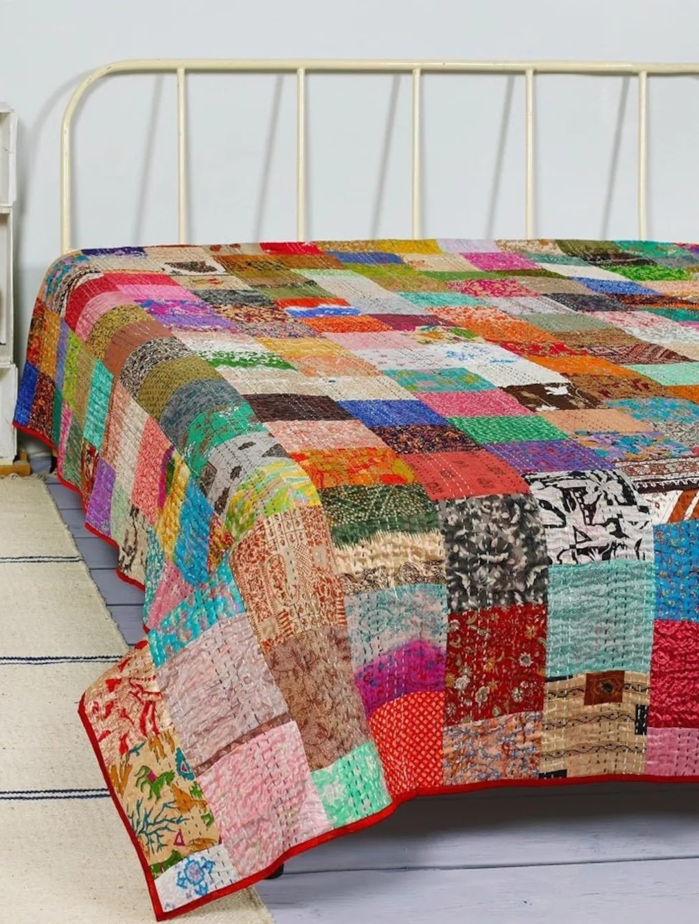 Paisley Print Queen Size Indian Cotton Applique Kantha Quilt Blanket Bedspread