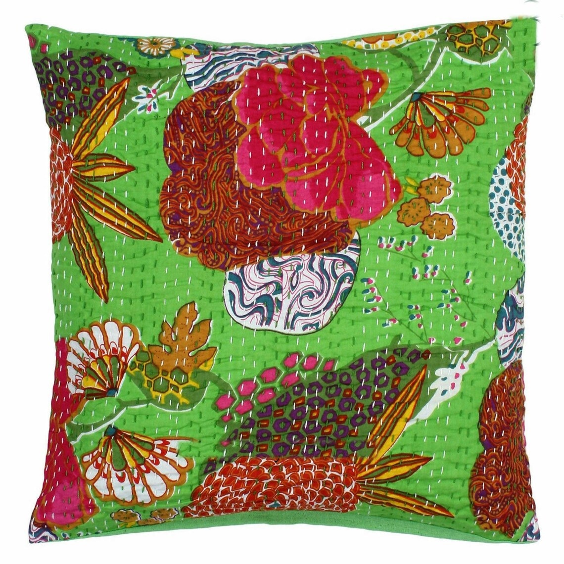 Indian Handmade Cotton Mirror Work Kantha Pillow Cushion Cover-Pillow-Throw 16" 