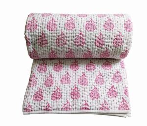 Pink Hand Block Print Kantha Quilt Vintage Jaipuri Quilt Soft Cotton Filling Razai Bed Quilt Queen Hand Stitched Kantha Quilt 90x108 Inch