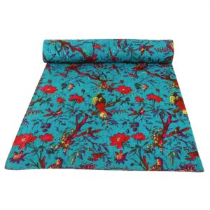Indian Cotton Bed cover Blanket Bohemian Bedspread Bird Print Kantha Quilt Throw 