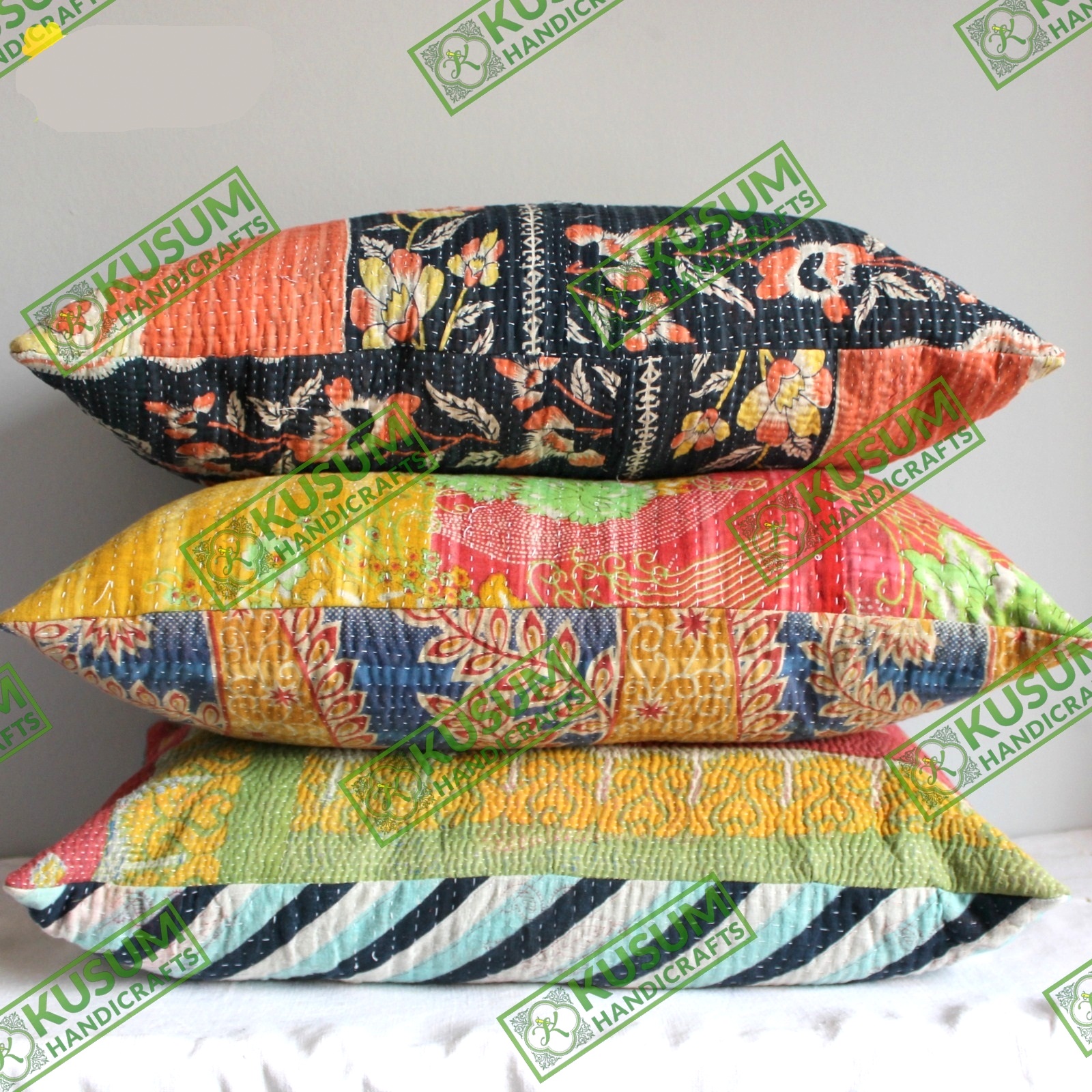 Beautiful Handmade Kantha Cushion Cover Fruit Print Cotton Ethnic Indian Hand Stitched Kantha Cushion Designer Pillows Throw Active