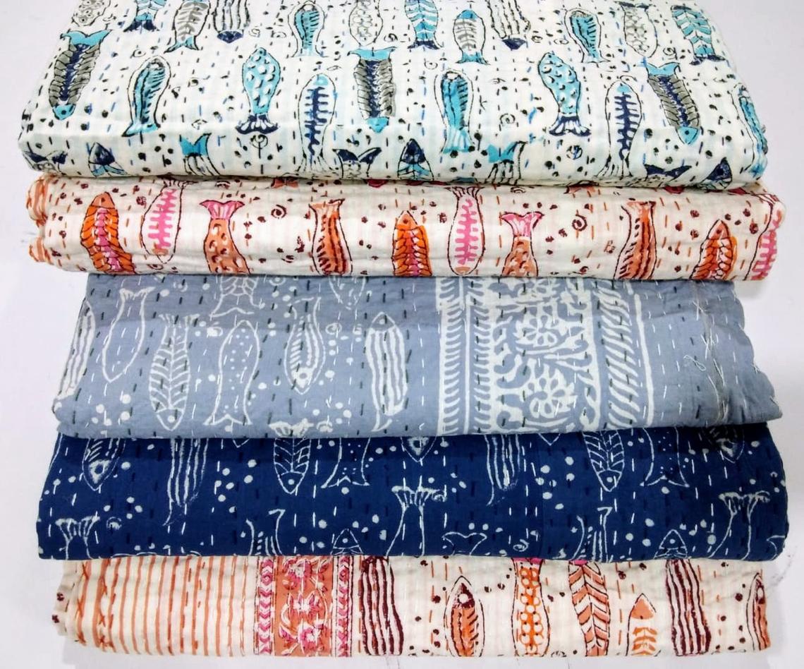 Fish Print Indian Hand Block Cotton Kantha Baby Bedspread Quilt Ralli Blanket 