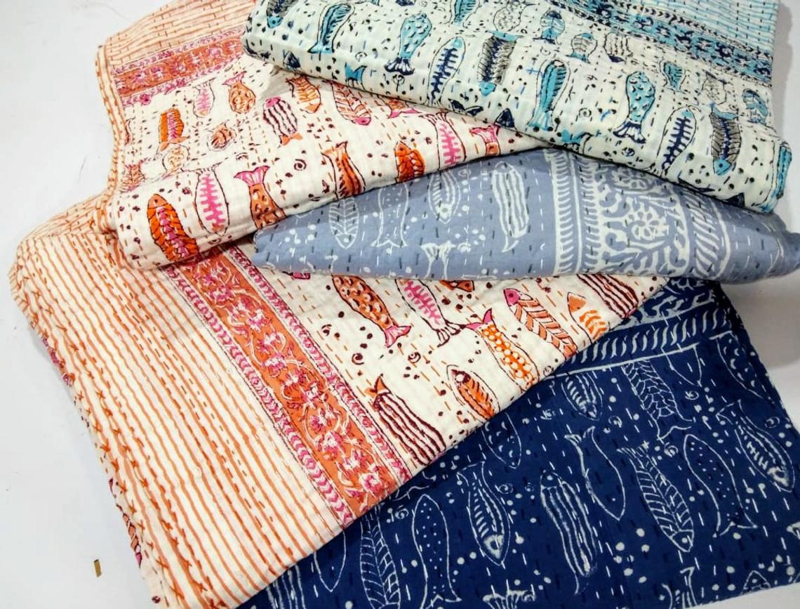 Vintage Fish Kantha Quilt Blanket Indian Bedspread Coverlet Throw Art 