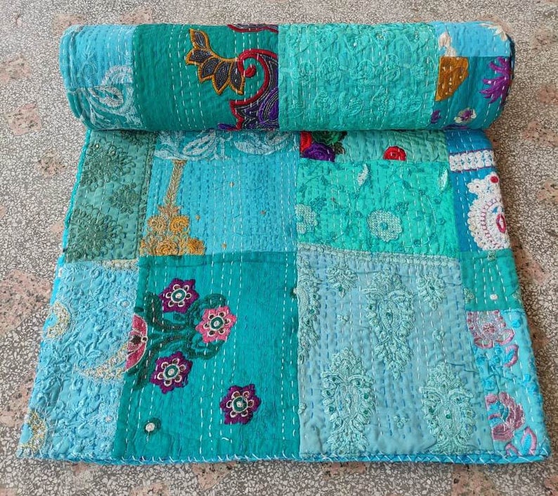 Blue Owl Queen Kantha Quilt Indian Bird Print Bedspread Bed Cover Throws Ralli 