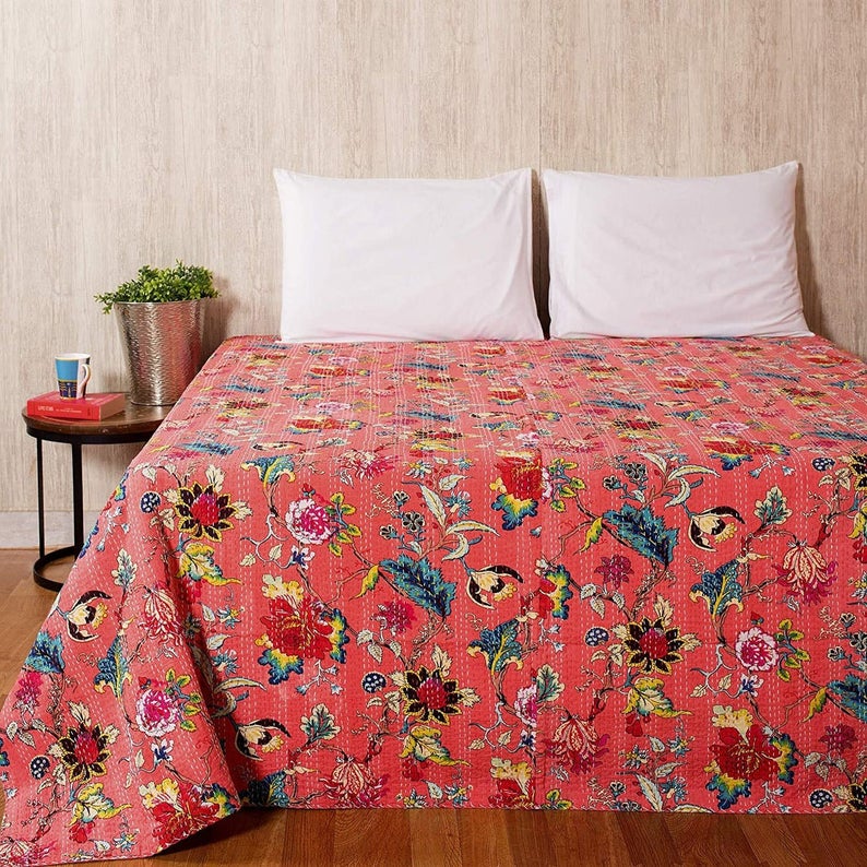 Pink Floral Print Kantha Quilt Queen Size Indian Cotton Quilt Kantha Throw Kantha Bedspread Indian Blanket Bedding Quilt Kantha Bed Cover