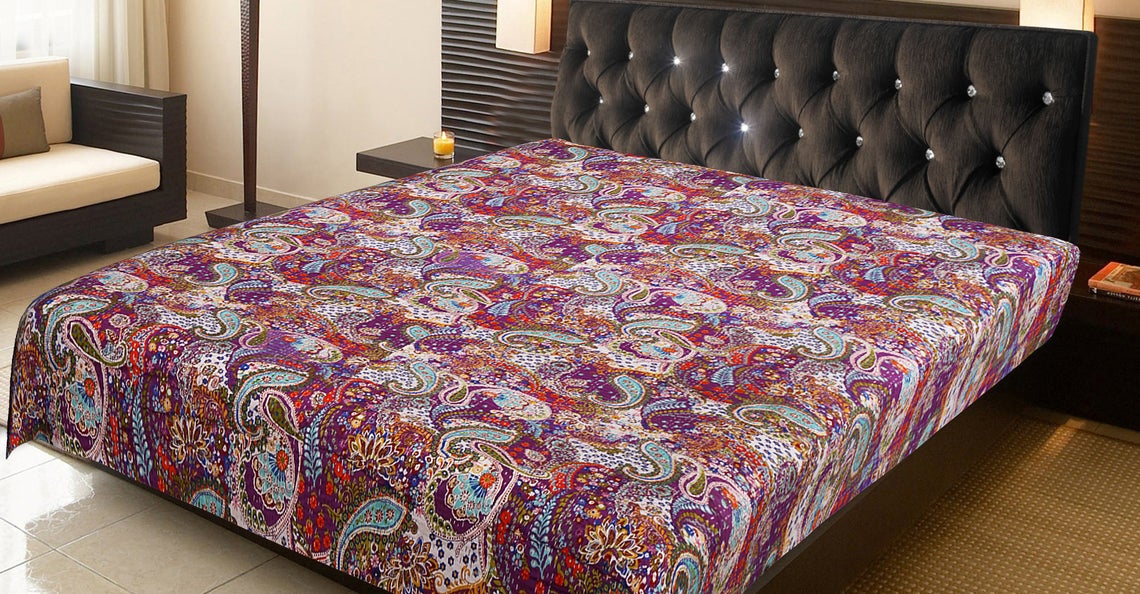 Indian Handmade Paisley Kantha Quilt Cotton Queen Size Bedding Throw Bedspread