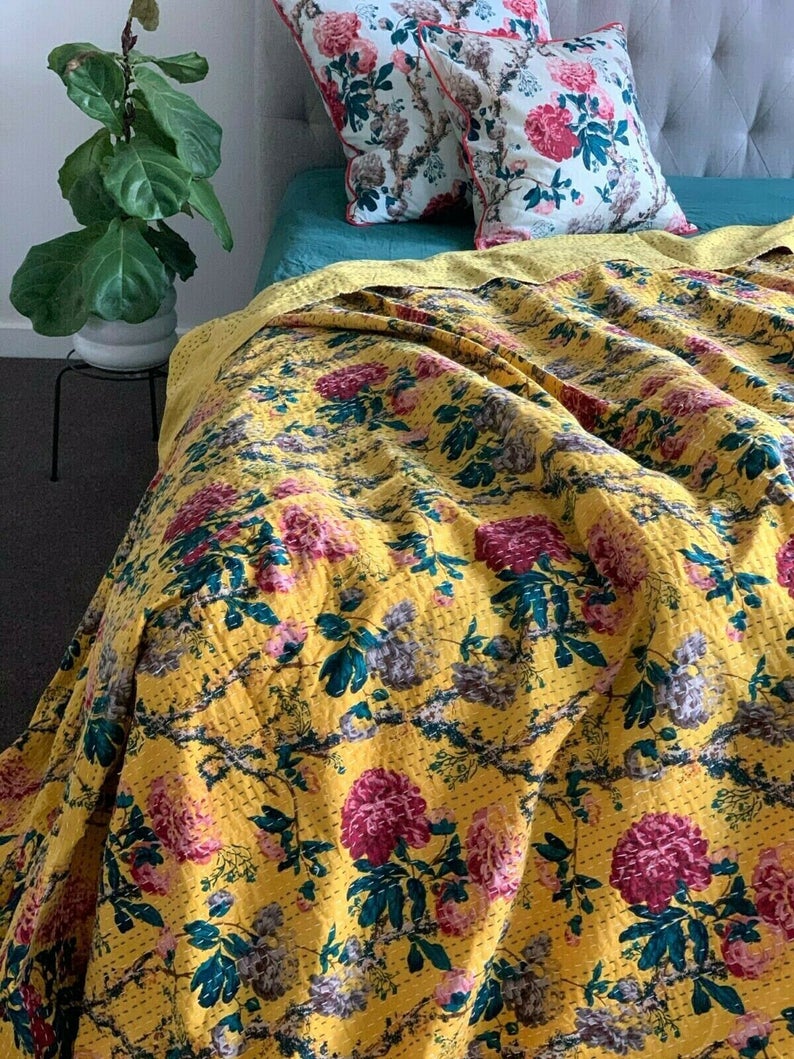 Vintage Kantha Hand Block Print Quilt Throw Bedspread Home Decor Cotton Blanket 