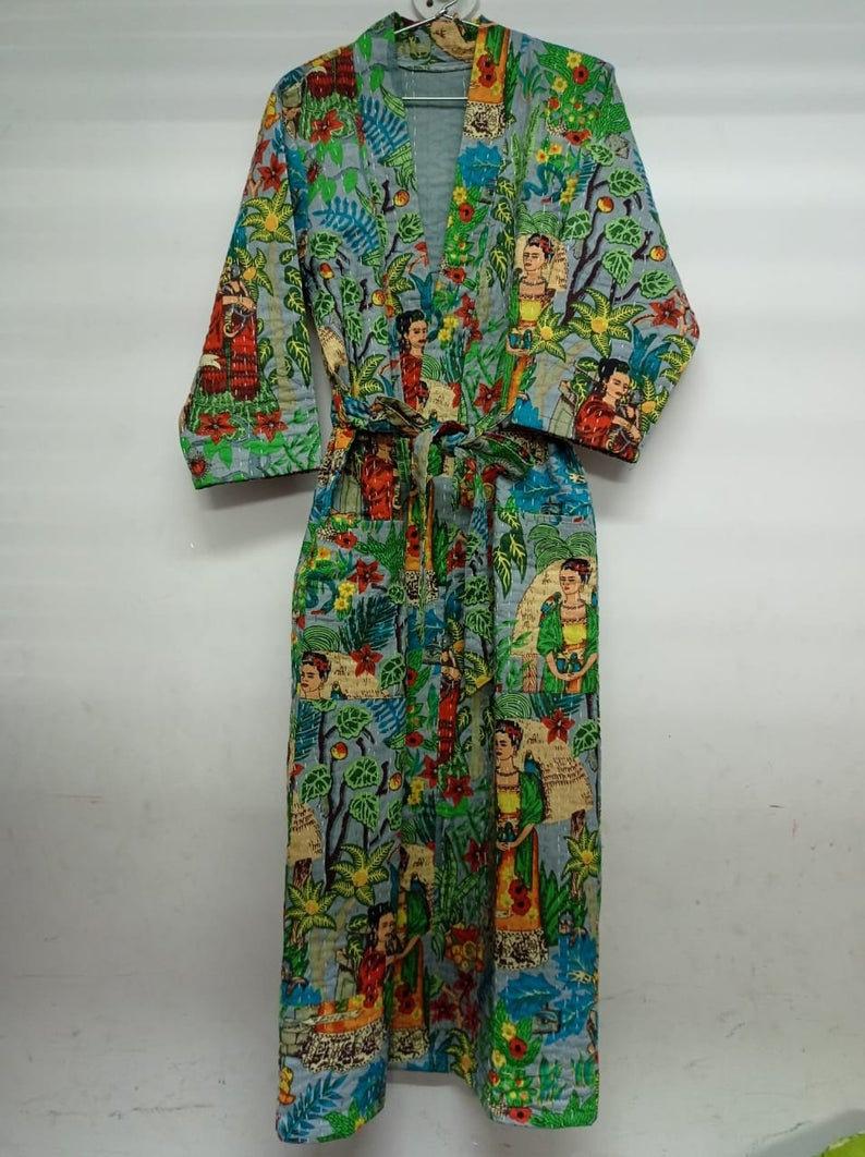 Kantha Quilt Kimono Cotton Robe Handmade Fabric Vintage Kantha Robe Floral Bath Robe