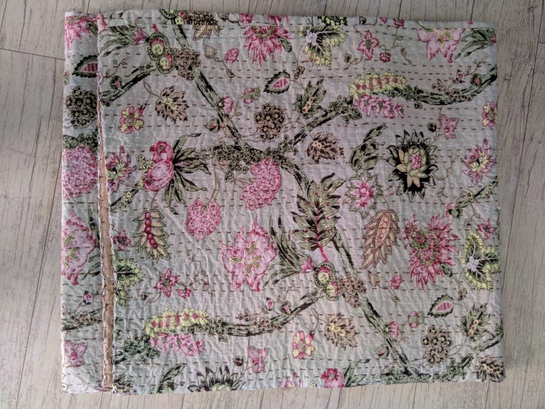 Indian Kantha Quilt Throw Bedspread Patchwork Queen Design Handmade Pure cotton 