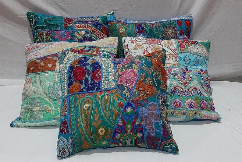 5 Piece Indian Handmade Jaipur Cushion Covers Cotton Pillow Case Embroidered 16" 