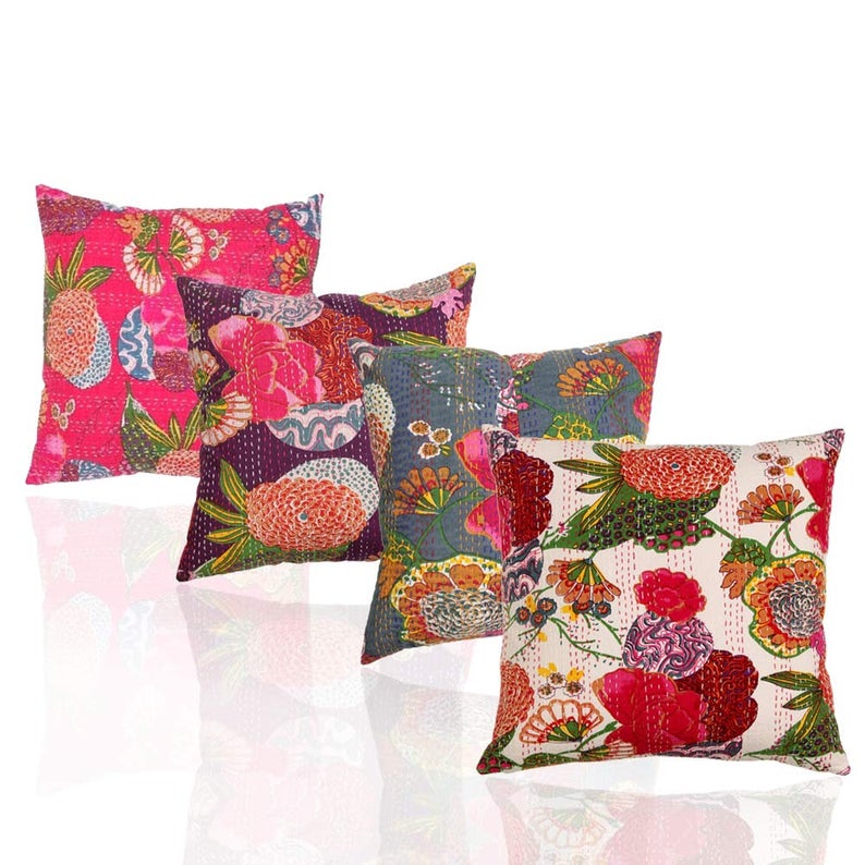 Details about   WholesaleIndian silk Handmade Cushion Cover Kantha Stitch Pillow Case patchwork 