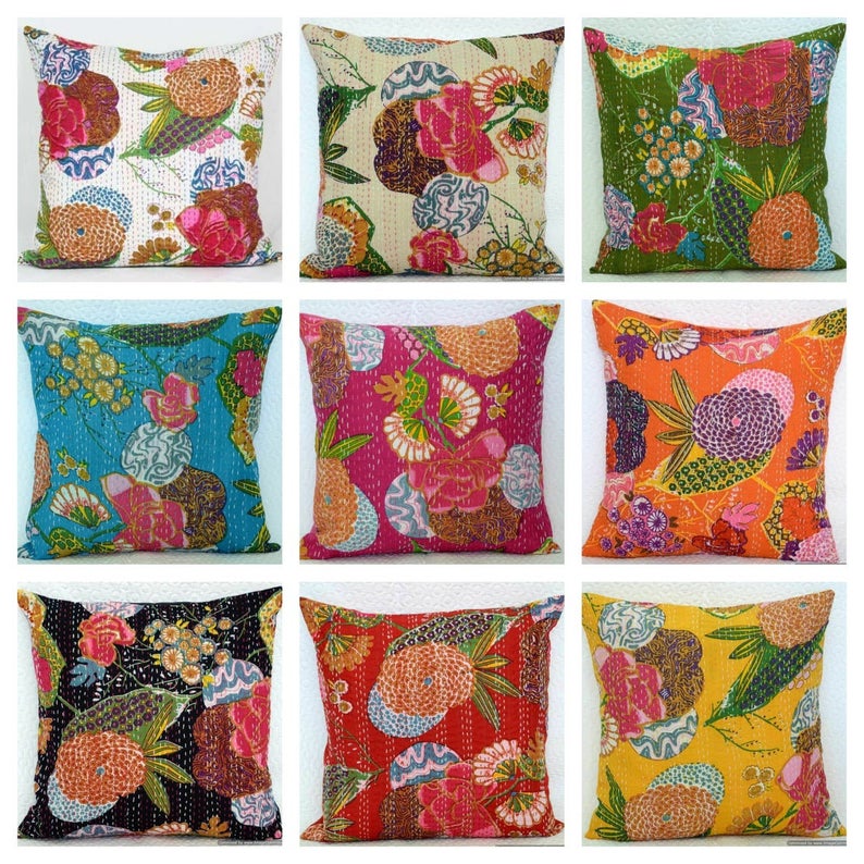 Indian Cotton Kantha Quilted Cushion Cover Handmade Floral Printed Sofa Pillow Case Home Decor Sham Cushion Cover 24 x 24