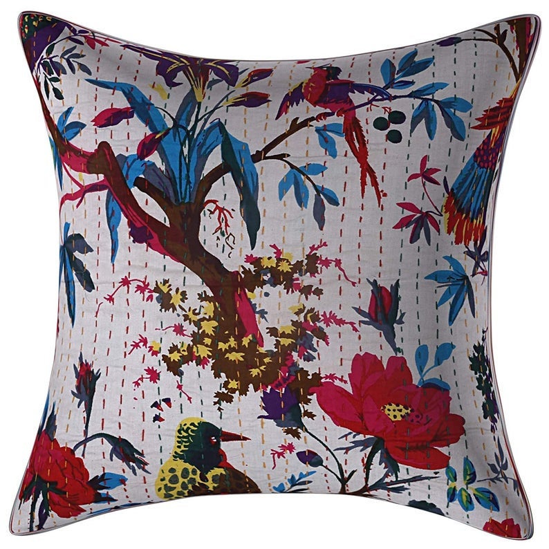 2 PC's Bird Print Kantha Cushion Cover Throws Indian Handmade Cotton Pillow Sham