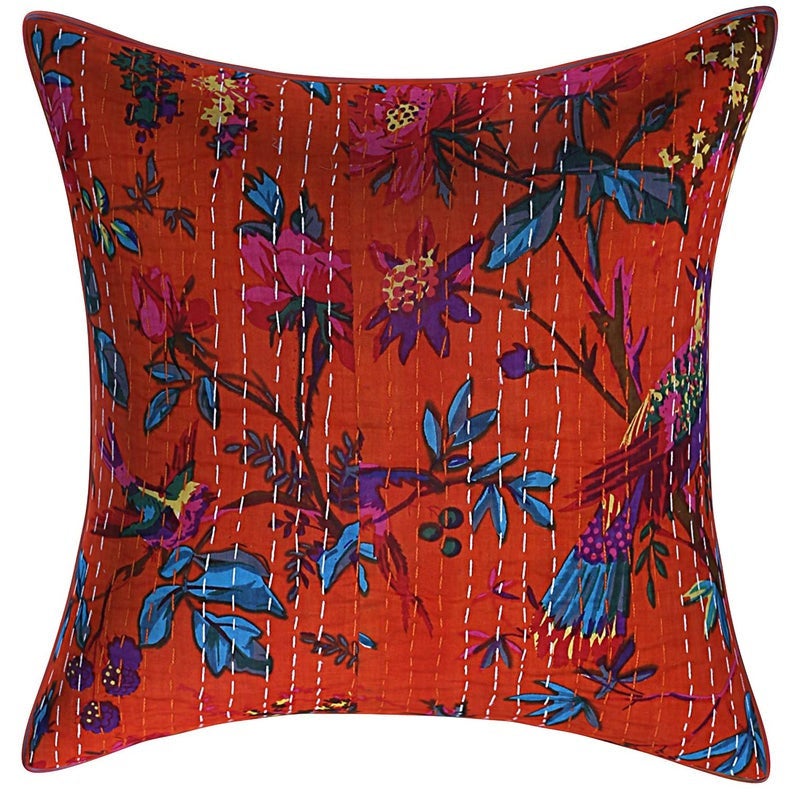 2 PC's Bird Print Kantha Cushion Cover Throws Indian Handmade Cotton Pillow Sham 
