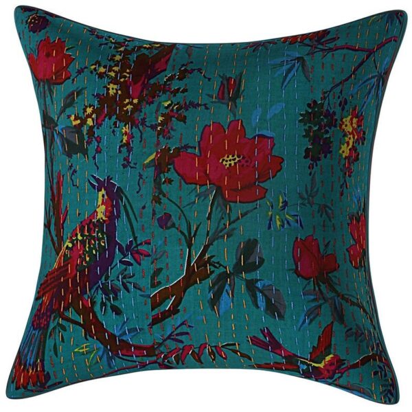 2 PC's Bird Print Kantha Cushion Cover Throws Indian Handmade Cotton Pillow Sham