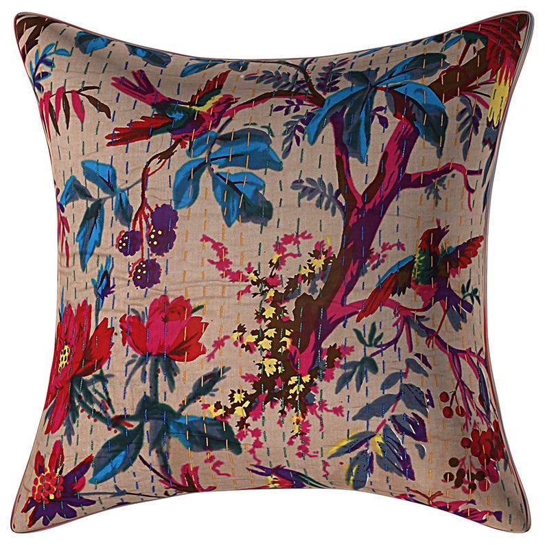 Kantha Bird Printed Cushion Cover Pillow Case Vintage Bohemian Decorative Covers 