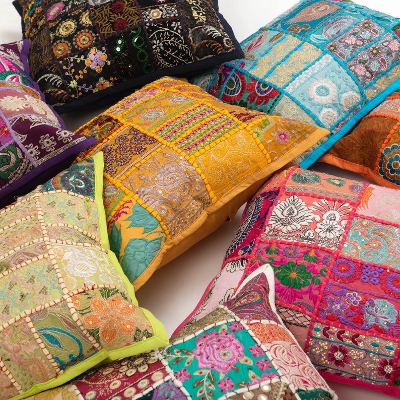 10 Pc Wholesale Lot Decor Cushion Cover Hand Kantha Pillow Case Silk Patchwork 