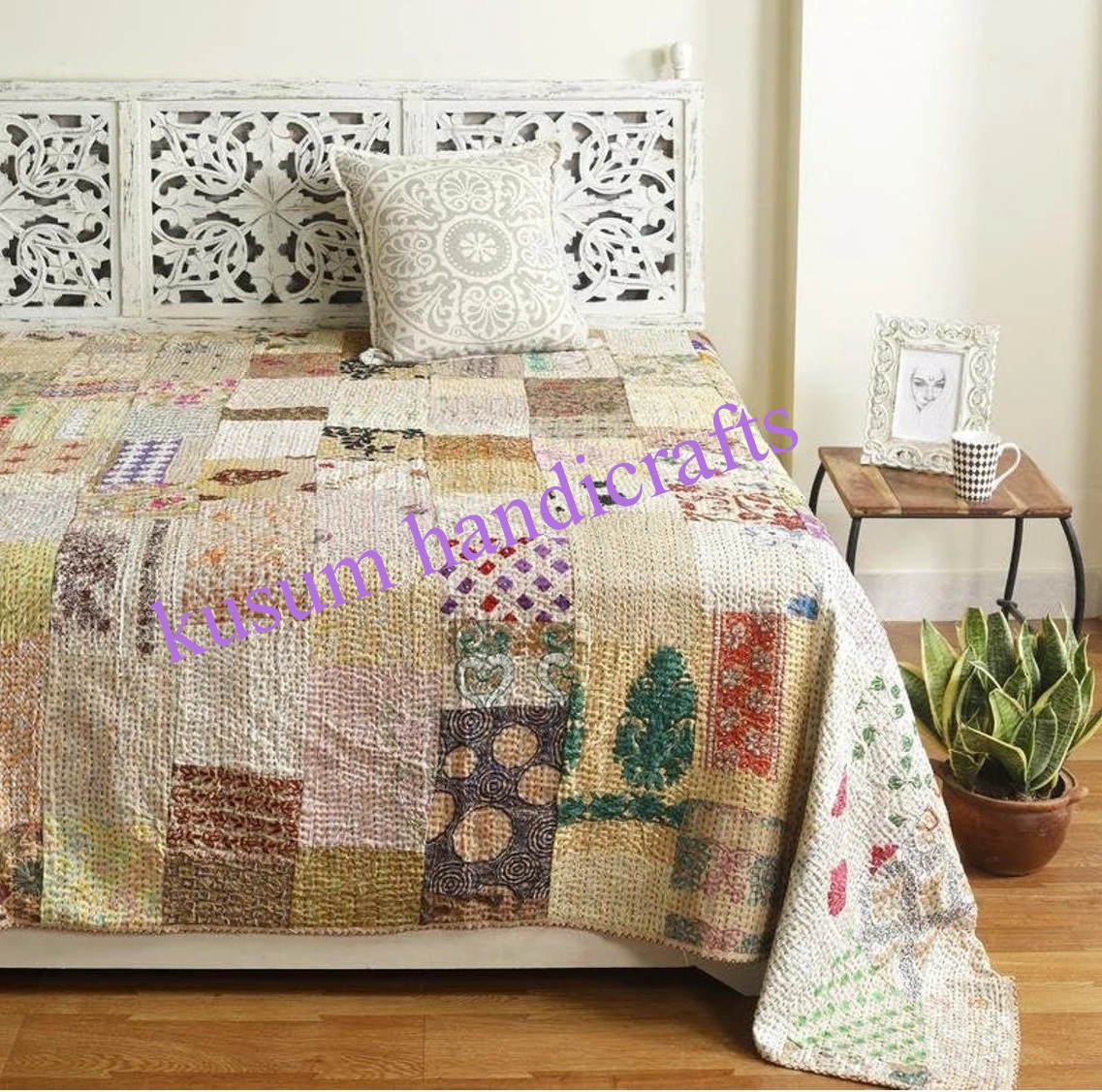 White Twin Kantha Quilt Fruit Print Bedspread Bed Cover Kantha Rallies 60"x 90" 