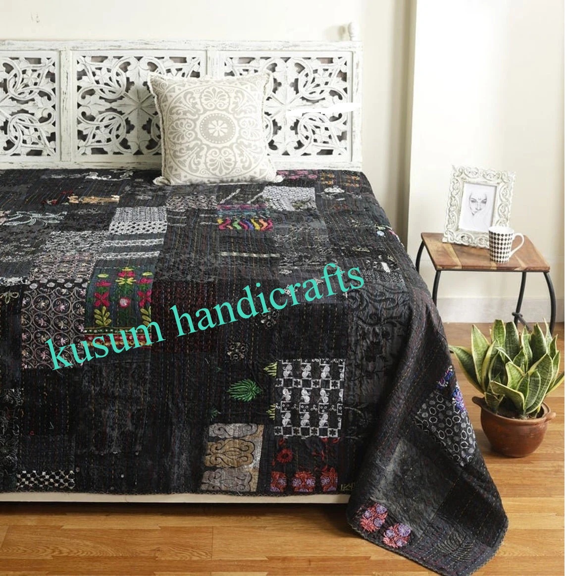 100% Cotton Kantha Quilt Single Size Bedsheet Black Tropicana Bedcover Bedspread 