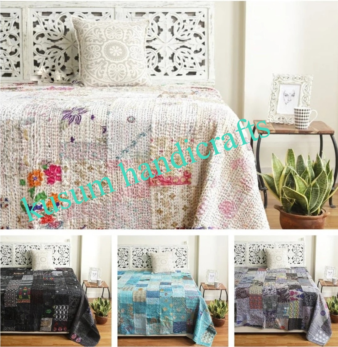 Barmier Vintage Cotton Kantha Quilt Queen Size  Bedspread Bird Print* 