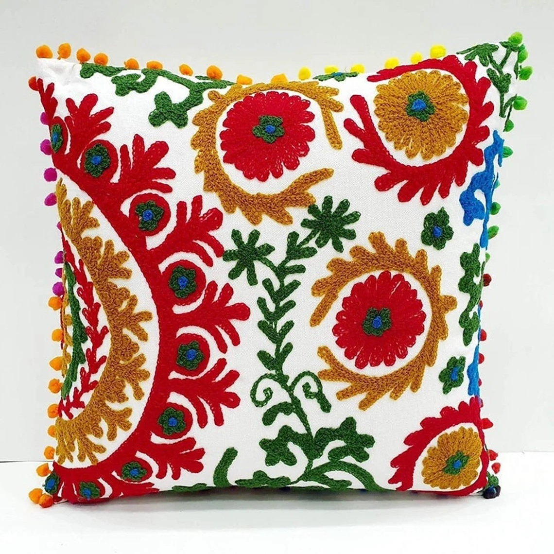 Indian Uzbek Suzani Cushion Cover Vintage Round Sofa 16" Embroidered Pillow Case