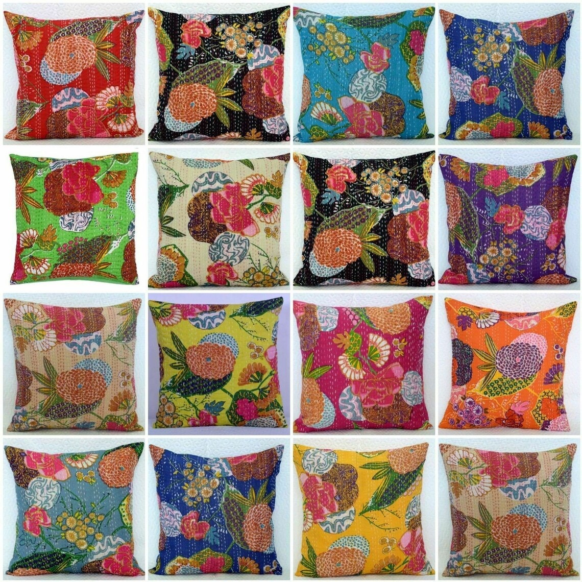 20 PC Lot Indian Kantha Cushion Pillow Cover Decorative Boho Handmade Embroidery 