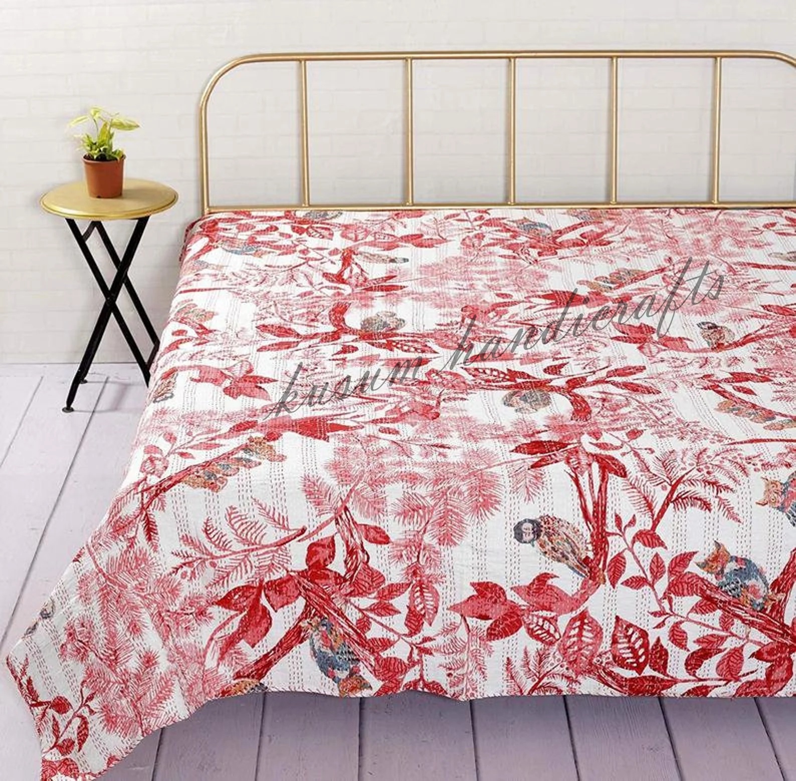 Handmade Vintage Cotton Kantha Quilt Queen Size Reversible Bedspread Bird Print