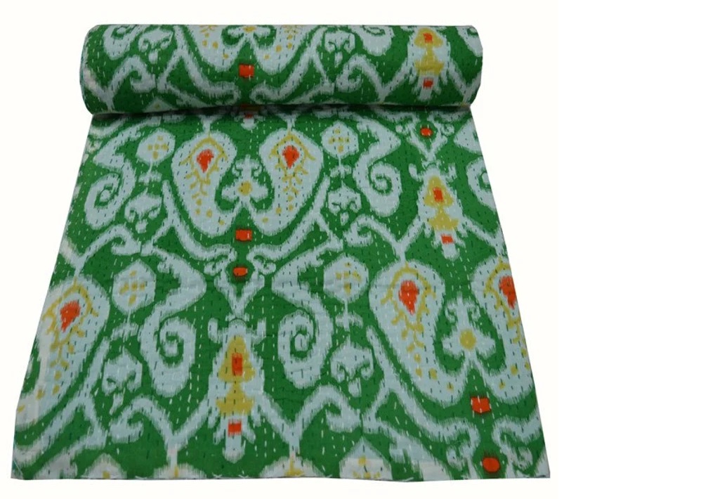 Ikat Print Kantha Quilt Indian Twin Bedspread Cotton Blanket Bedding Sofa Throw 