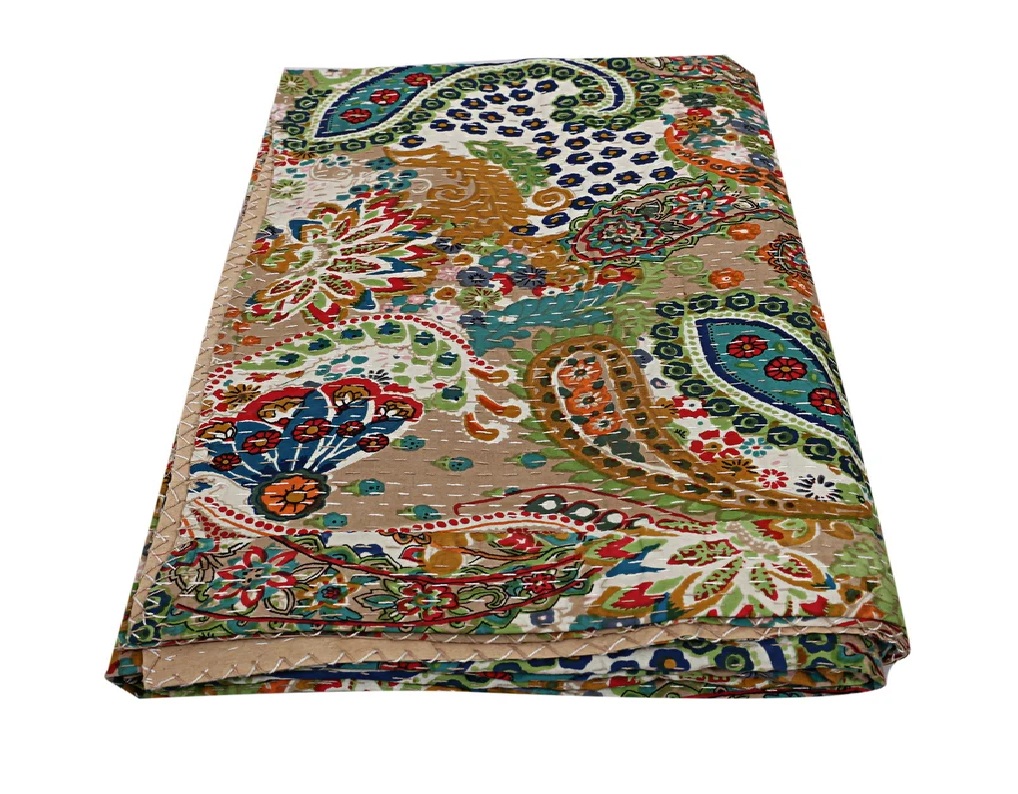 Indian Quilts Cotton Beige Paisley Printed Bedcover Handmade Gudri Bohemian Décor Stitched Bedspread Boho Bedding Throw Bedspread Handmade