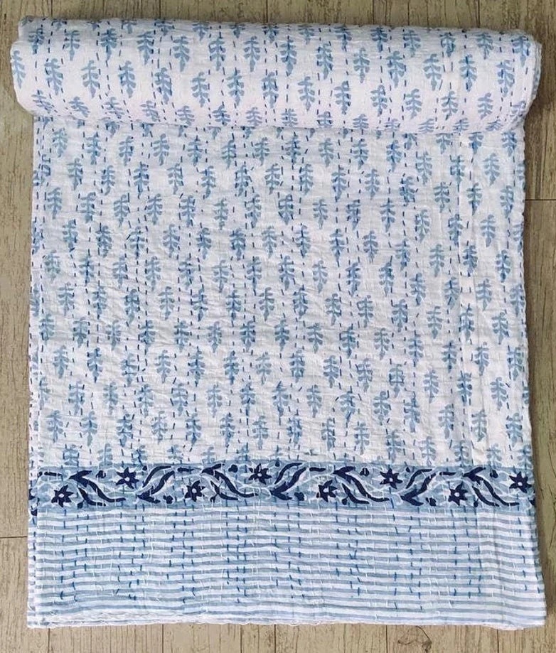 Hand Block Print Kantha Quilt,Cotton Patchwork Bedspread,King Size,Blue Indigo 