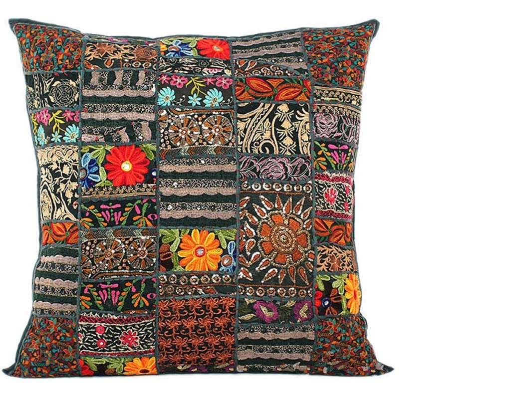 Vintage Patchwork Cushion Cover 16"x24" Decorative Indian Embroidery Boho Pillow 