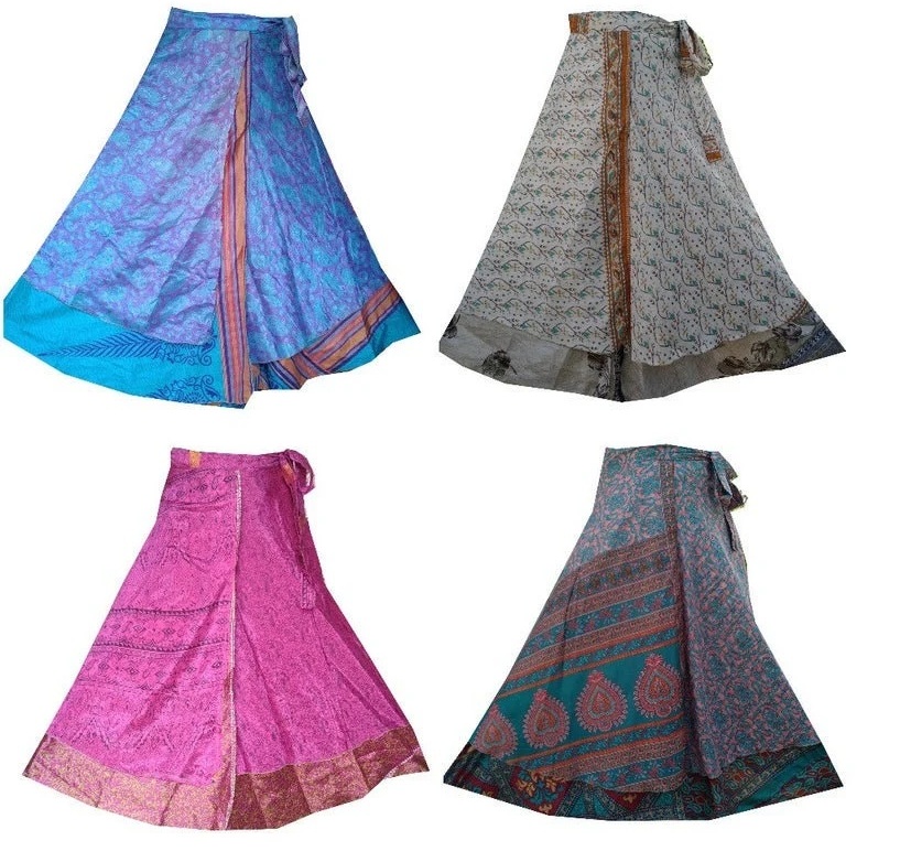 Indian Vintage Poly Silk Long Skirt Women Wrap Bohemian Skirt Gypsy Hippie Boho Double Layer Recycled Wrap Skirt GBLW-N-52