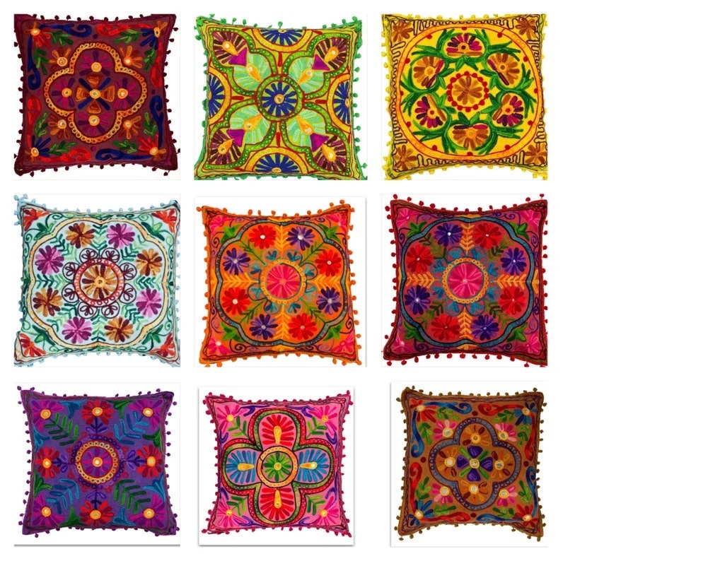 Indian Ethnic Floral Print Cotton Suzani Embroidery Handmade 16" Cushion Covers 