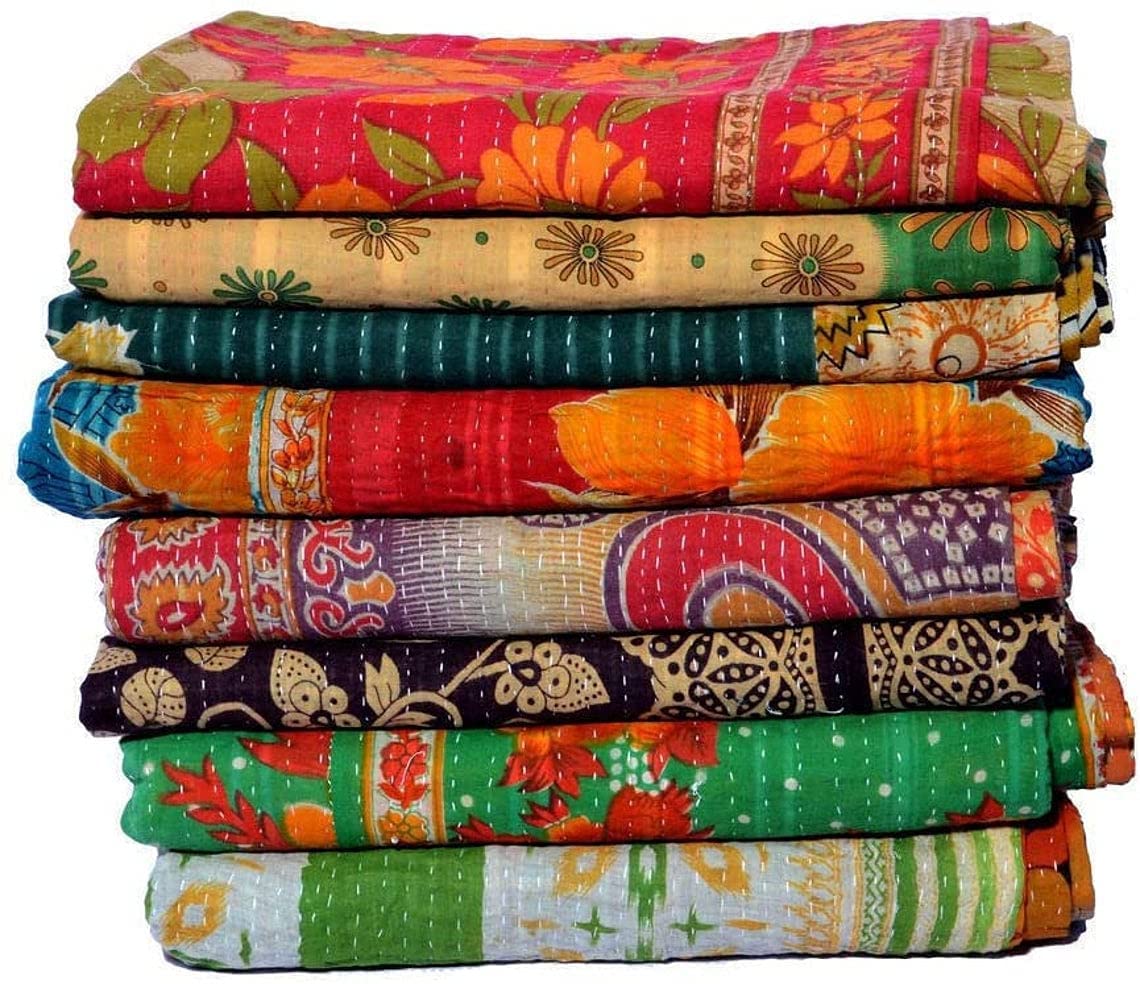 Vintage Reversible Quilt Indian Handmade Kantha Blanket Wholesale Lot 5 Ps Throw 