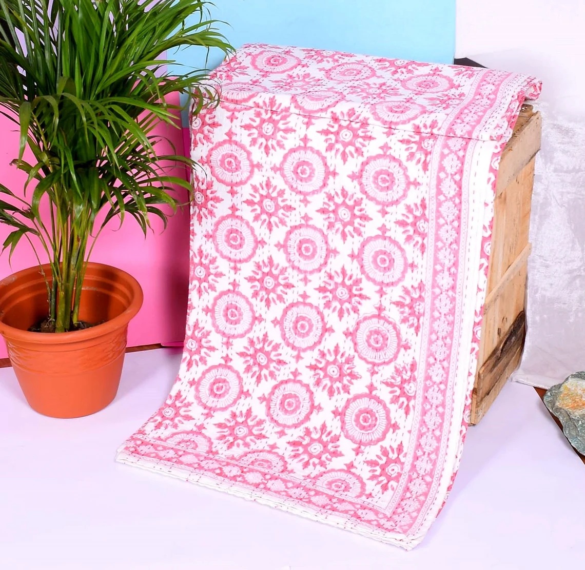 Details about   Cotton Kantha Quilt Hand Block Floral Print Bed Pink Throw Indian Queen Blanket 