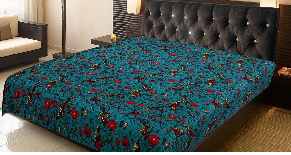 Bird Print Kantha Quilt Blanket Handmade Queen Cotton Reversible Bedding Throw 