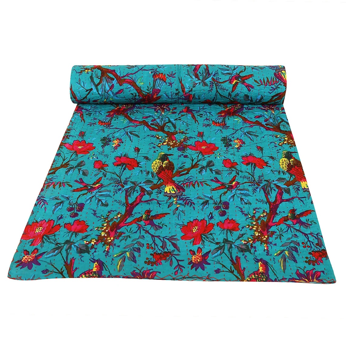 Sophia-Art Indian Cotton Kantha Quilt Indigo Blue Bohemian Floral Bedding Bedspread Hippie Throw Blanket Handmade Quilt